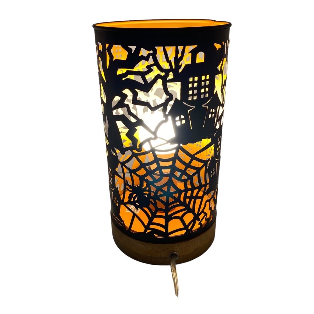 Halloween Haunted House Spiderweb Silhouette Accent Lamp Orange Glow Black Metal